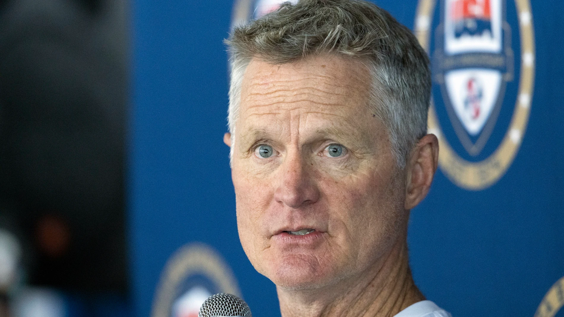 United States men's Olympic basketball coach Steve Kerr responds to a question from a reporter during training camp for the team Saturday, July 6, 2024, in Las Vegas. (AP Photo/Steve Marcus)