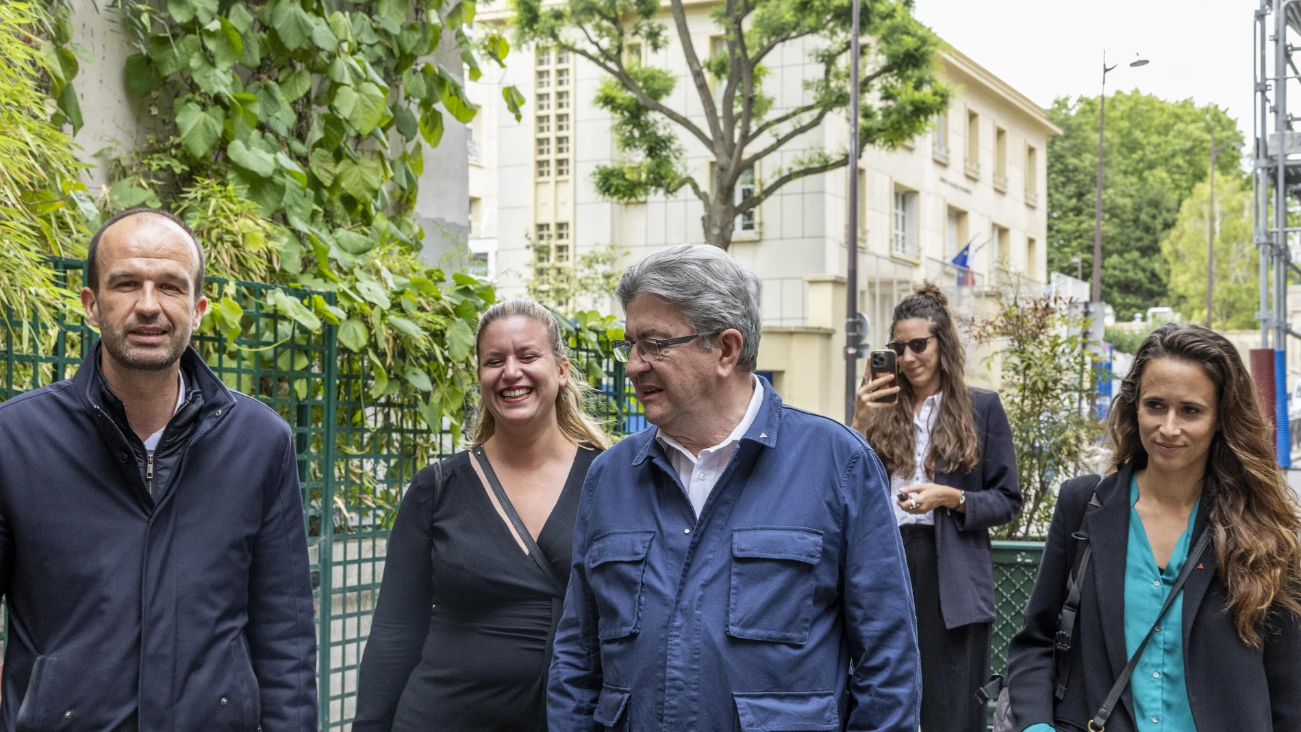 (L-R) President of LFI Manuel Bompard, re-elected Deputy of LFI Matilde Panod, leader of La France Insoumise (LFI) Jean-Luc Melenchon and re-elected Deputy LFI Clemence Guette, arrive to the Headquarter of the Party for a meeting in Paris, France, 08 July 2024.