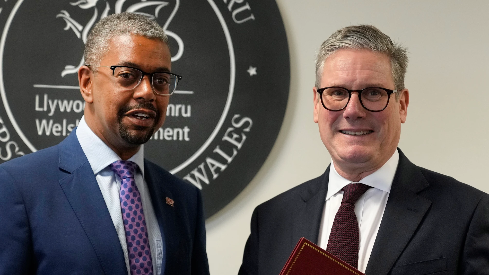 Britain's Prime Minister Keir Starmer, right, meets First Minister of Wales Vaughan Gething as part of a two-day tour of the four nations of the United Kingdom at the Senedd in Cardiff, Wales, Monday, July 8, 2024.(AP Photo/Alastair Grant, Pool)