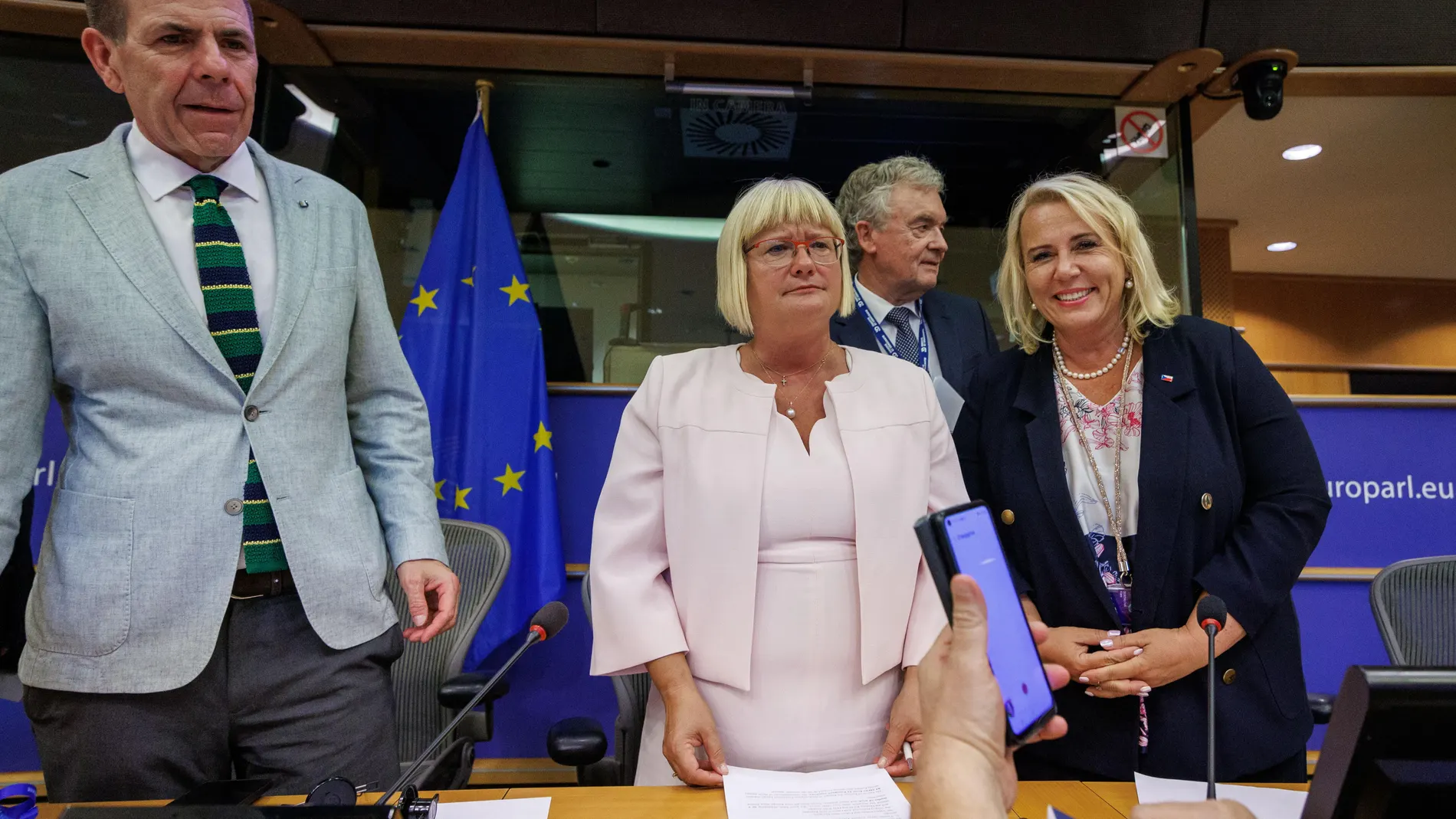 Brussels (Belgium), 08/07/2024.- (L-R) Austrian MEP Harald Vilimsky, Hungarian MEP Kinga Gal, French MEP Jean-Paul Garraud, and Czech MEP Klara Dostalova after a press conference of far-right Members of the European Parliament (MEPs) joining the Patriots for Europe group in the European Parliament in Brussels, Belgium, 08 July 2024. French Marine Le Pen's National Rally is expected to take control of the new EU parliamentary group. Previously, Belgium's Vlaams Belang, the Hungarian Fidesz, th...