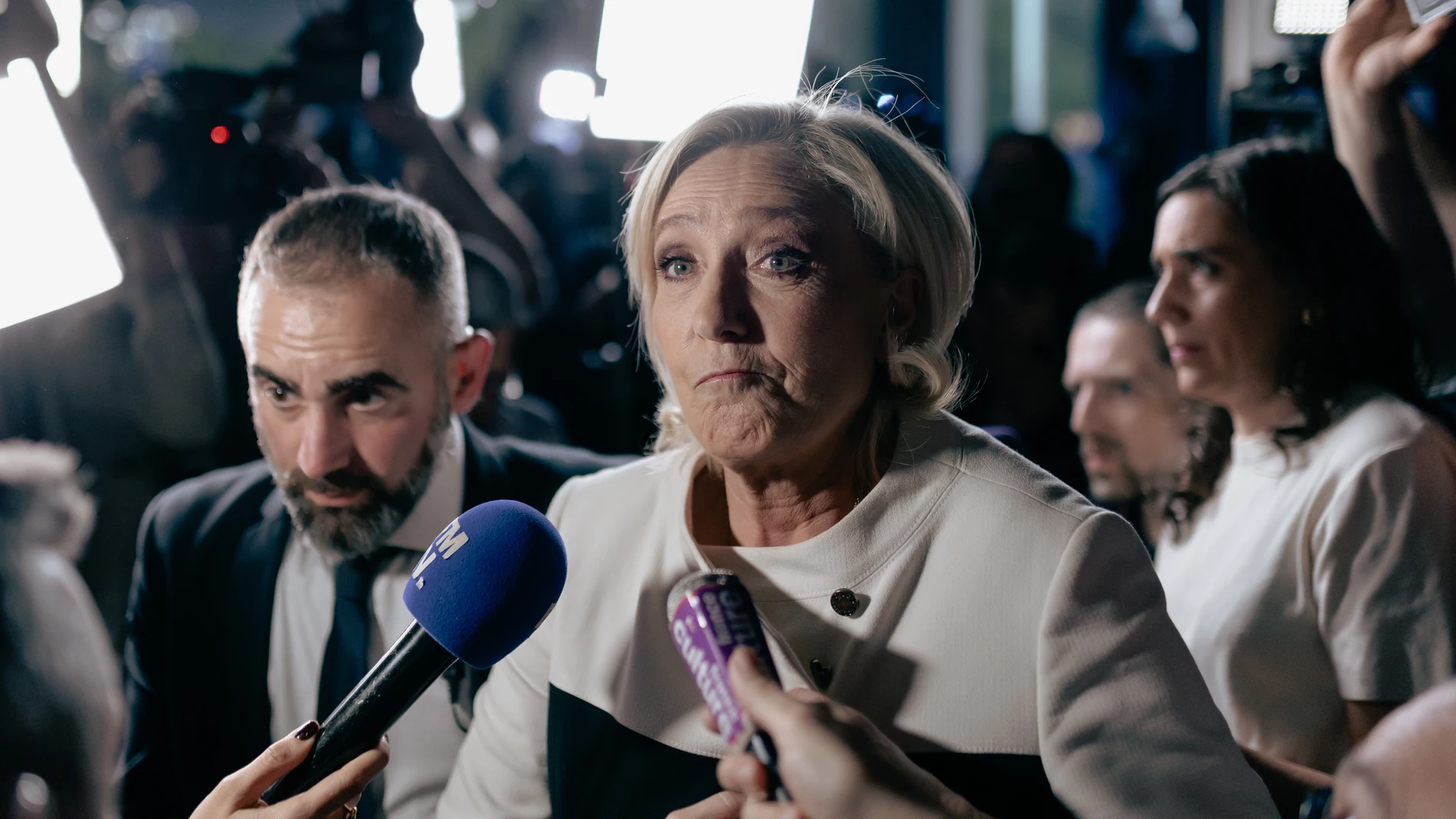 July 7, 2024, Paris, France, France: French Rassemblement National (RN) far right party s leader Marine Le Pen speaks to the press after the results of the second round of the parliamentary elections. POLITIQUE, RN, RASSEMBLEMENT NATIONAL, EXTREME DROITE, ELECTIONS LEGISLATIVES, LEGISLATIVES 07/07/2024