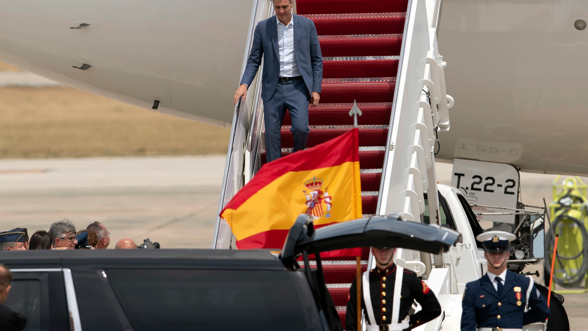 Spanish Prime Minister Pedro Sanchez arrives Tuesday, July 9, 2024, at Andrews Air Force Base, Md., to attend the NATO summit in Washington. ( AP Photo/Jose Luis Magana)