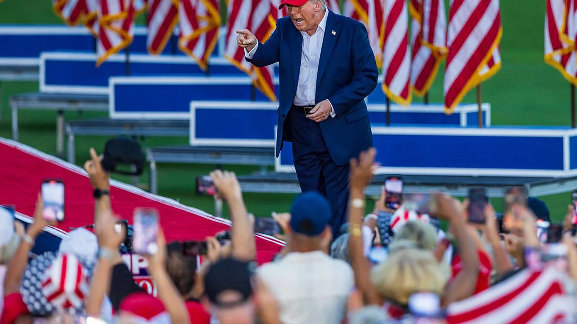 July 9, 2024: Former President Donald Trump arrives to the stage during a rally at the Trump National Doral Miami, in Doral, Florida, on Tuesday, July 9, 2024. 09/07/2024