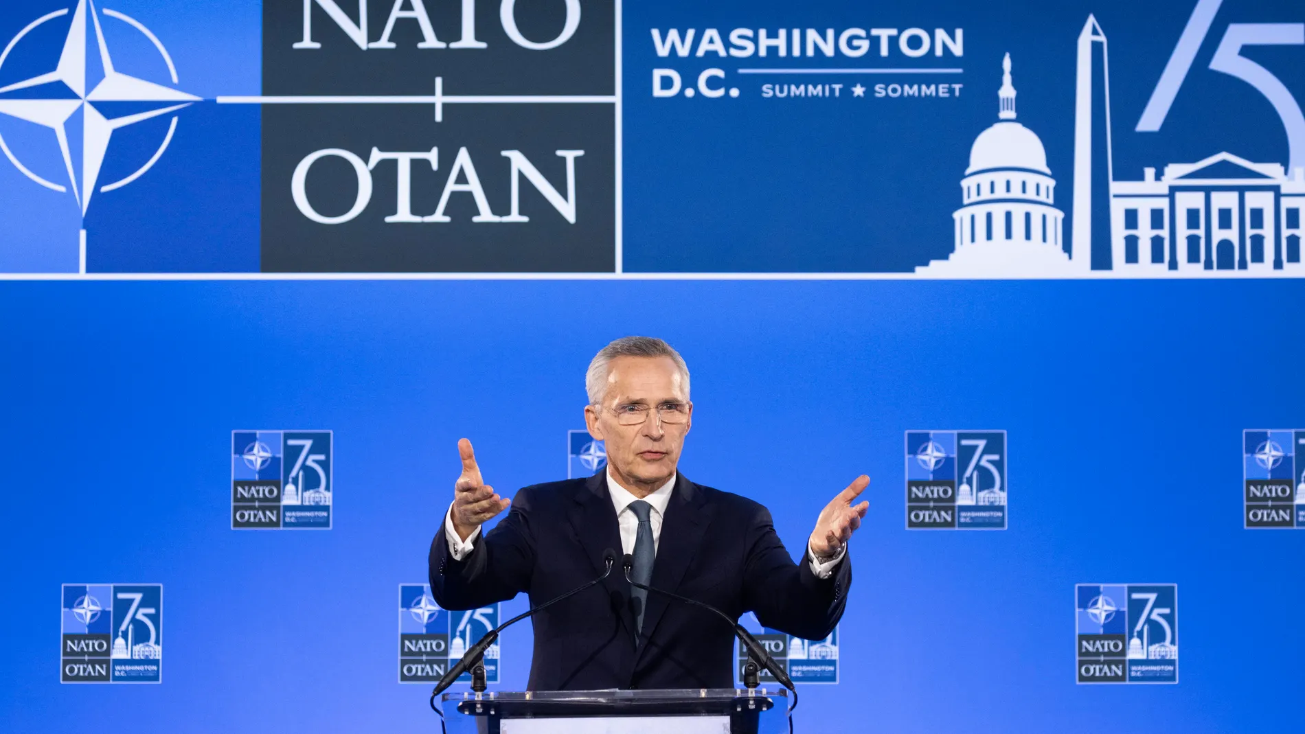 Washington (United States), 10/07/2024.- NATO Secretary General Jens Stoltenberg holds a news conference during the NATO Summit at Walter E. Washington Convention Center in Washington, DC, USA, 10 July 2024. The 75th Anniversary NATO Summit is taking place in Washington, DC, from 09 to 11 July 2024. EFE/EPA/MICHAEL REYNOLDS