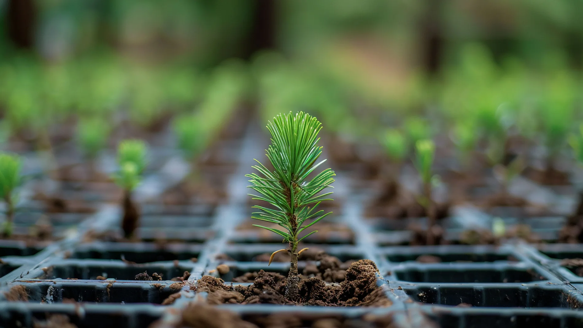 Pinos pequeños en bandejas de germinación