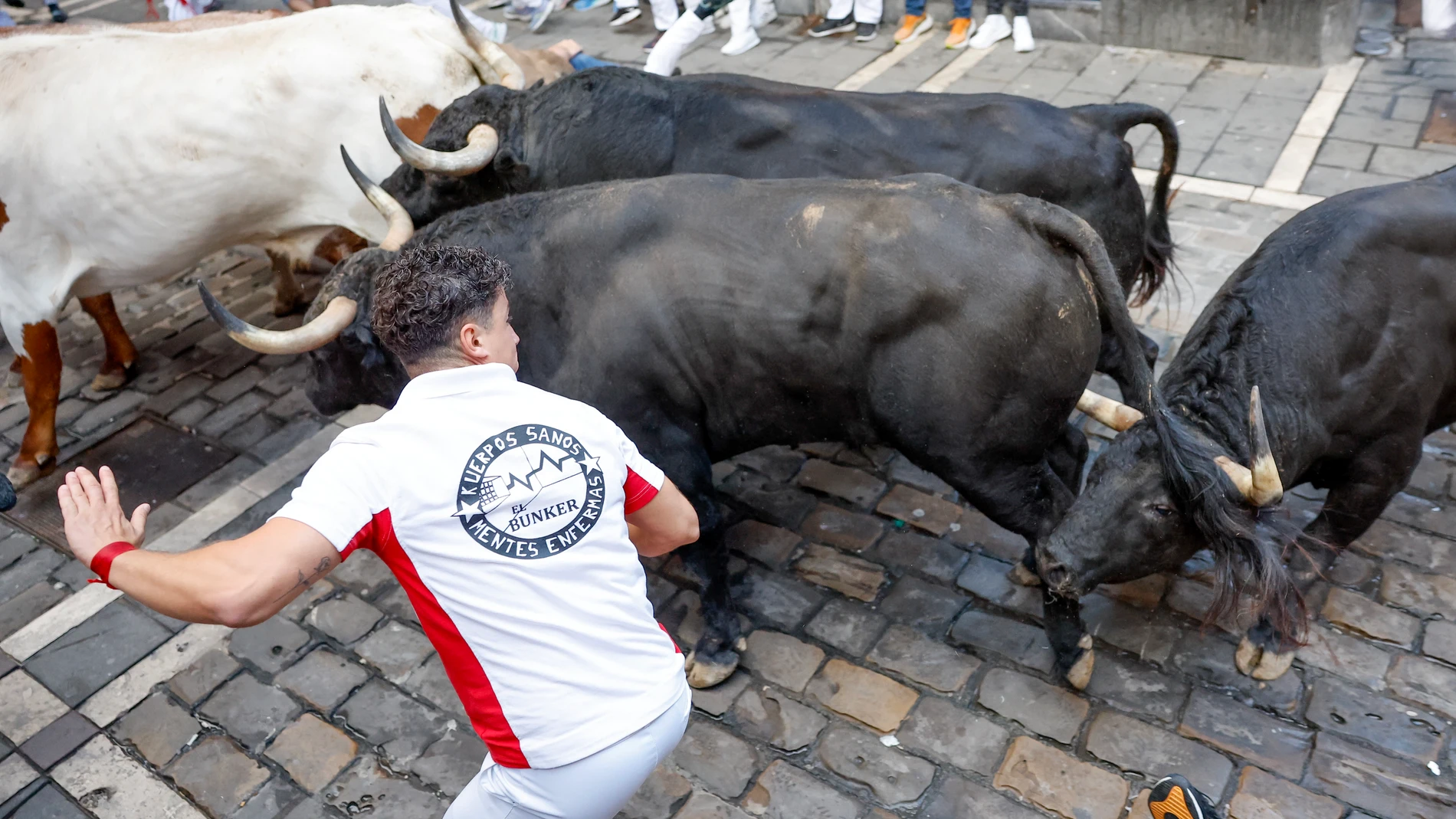 PAMPLONA, 12/07/2024.- Los mozos son perseguidos por toros de la ganadería de Jandilla, de Mérida (Badajoz), durante el sexto encierro de los Sanfermines 2024, este viernes en Pamplona. EFE/Villar López