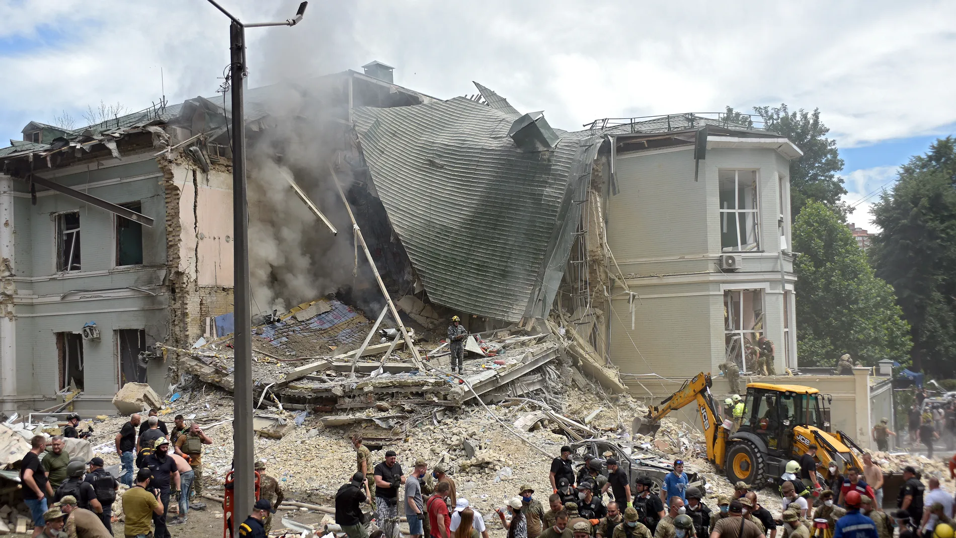 July 8, 2024, Kyiv, Ukraine: KYIV, UKRAINE - JULY 8, 2024 - A response effort is underway after a Russian missile hit the Ohmatdyt National Specialized Children's Hospital killing two adults, including a doctor, and injuring at least 10 people during the Russian missile attack on Ukraine on Monday morning, July 8, Kyiv, capital of Ukraine. 08/07/2024
