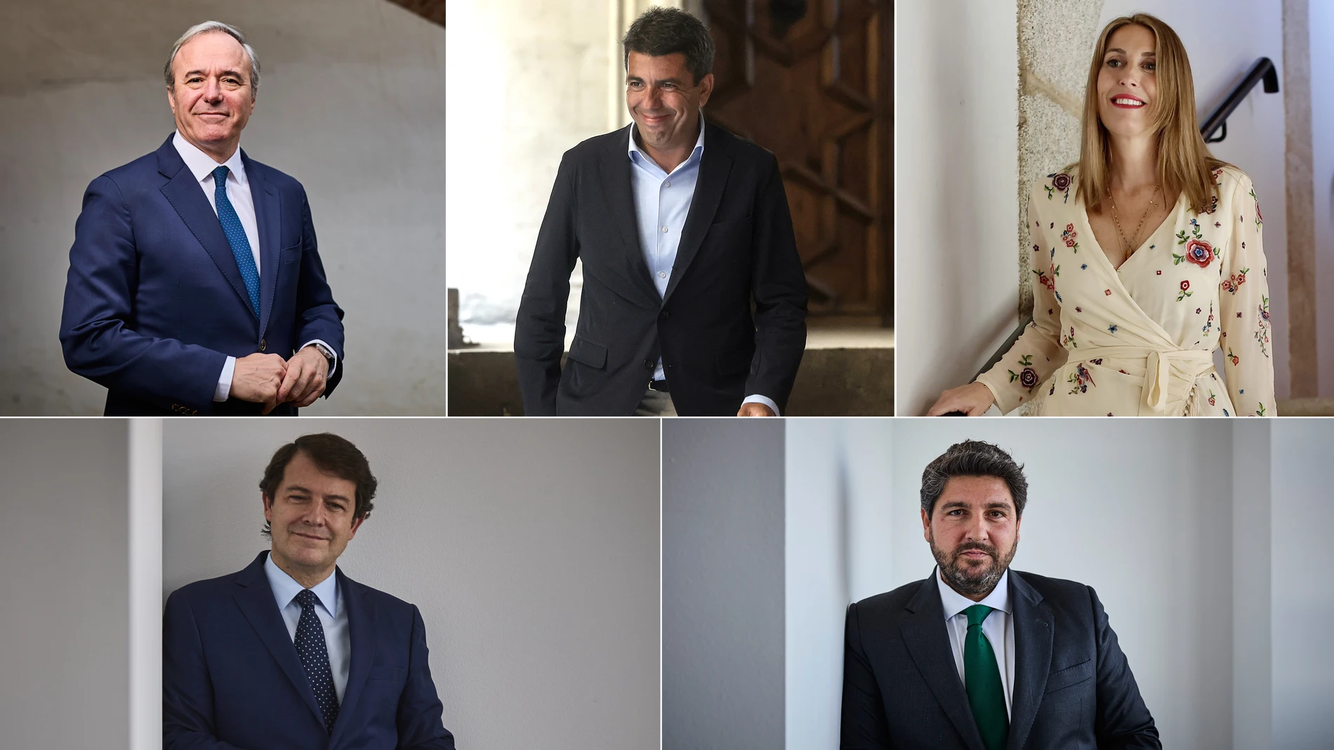 Jorge Azcón, Carlos Mazón, María Guardiola, Alfonso Fernández Mañueco y Fernando López Miras.