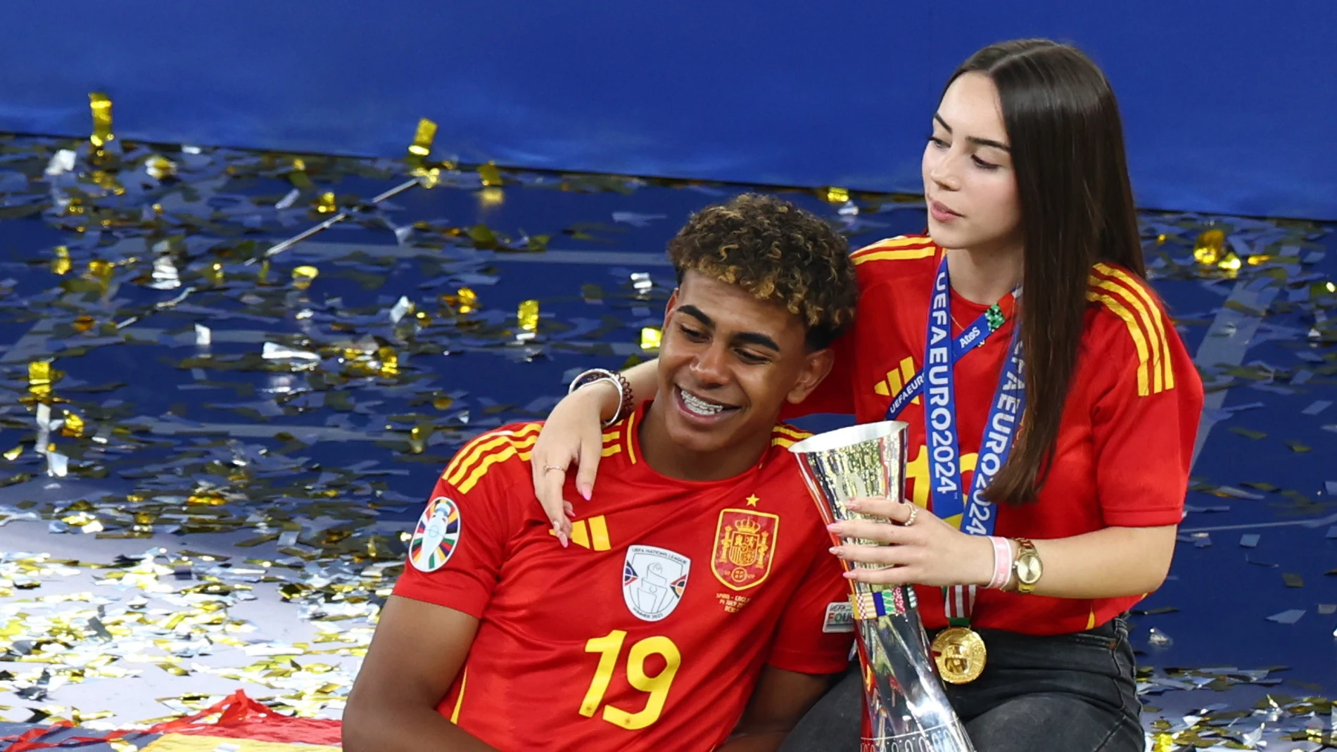 Berlin (Germany), 14/07/2024.- Lamine Yamal of Spain celebrates after the UEFA EURO 2024 final soccer match between Spain and England, in Berlin, Germany, 14 July 2024. (Alemania, España) EFE/EPA/HANNIBAL HANSCHKE