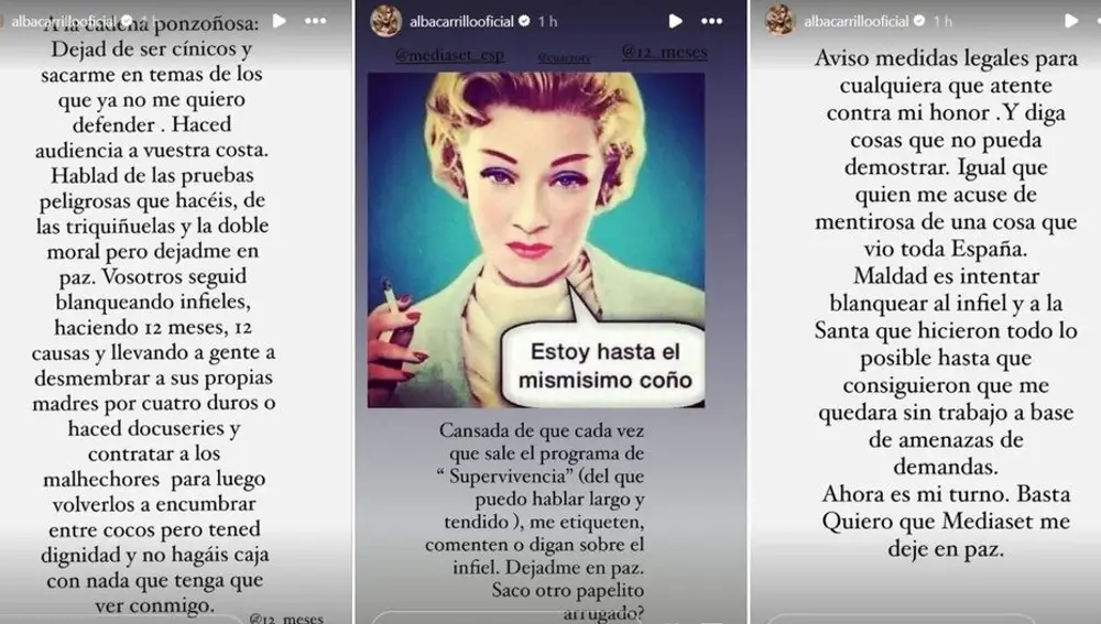 Publicaciones de Alba Carrillo criticando a Telecinco y a 'Supervivientes'