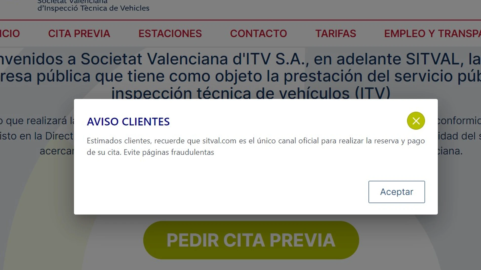 Aviso que aparece en la página web de sitval.com