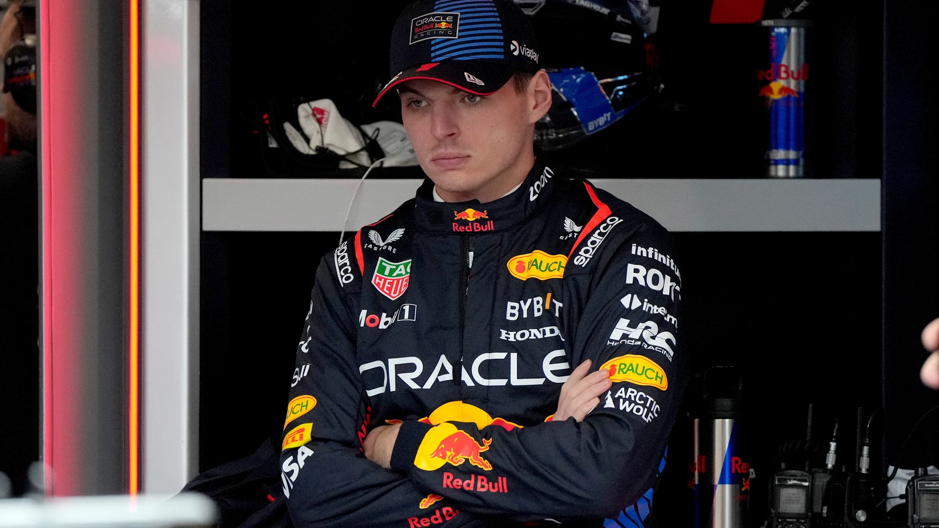 Red Bull driver Max Verstappen, of the Netherland, waits in the garage area during a practice session for the Formula One U.S. Grand Prix auto race, Thursday, Nov. 21, 2024, in Las Vegas. (AP Photo/Rick Scuteri)