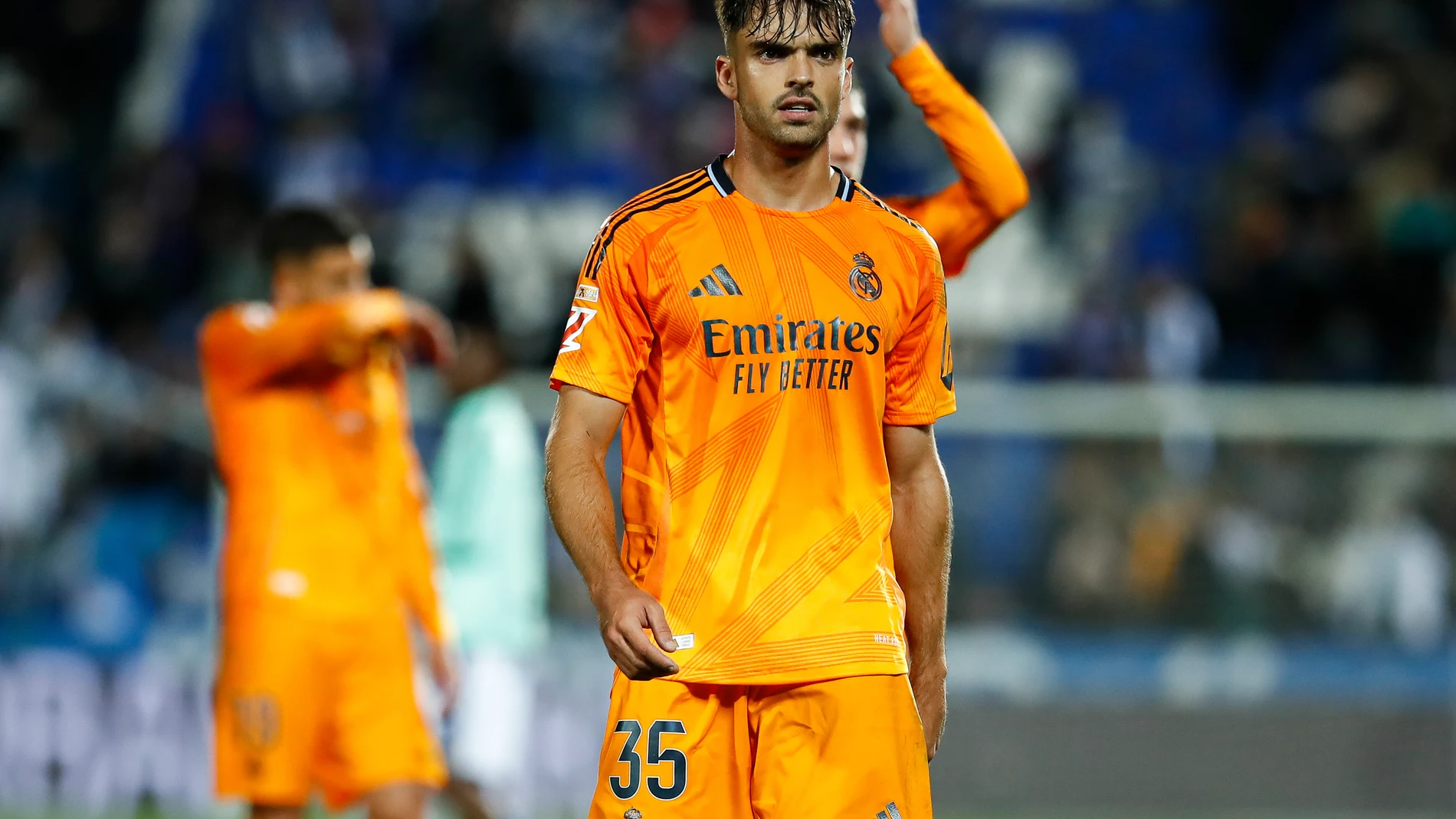 Raul Asencio of Real Madrid looks on after the Spanish League, LaLiga EA Sports, football match played between CD Leganes and Real Madrid CF at Butarque stadium on November 24, 2024, in Leganes, Madrid, Spain. AFP7 24/11/2024 ONLY FOR USE IN SPAIN