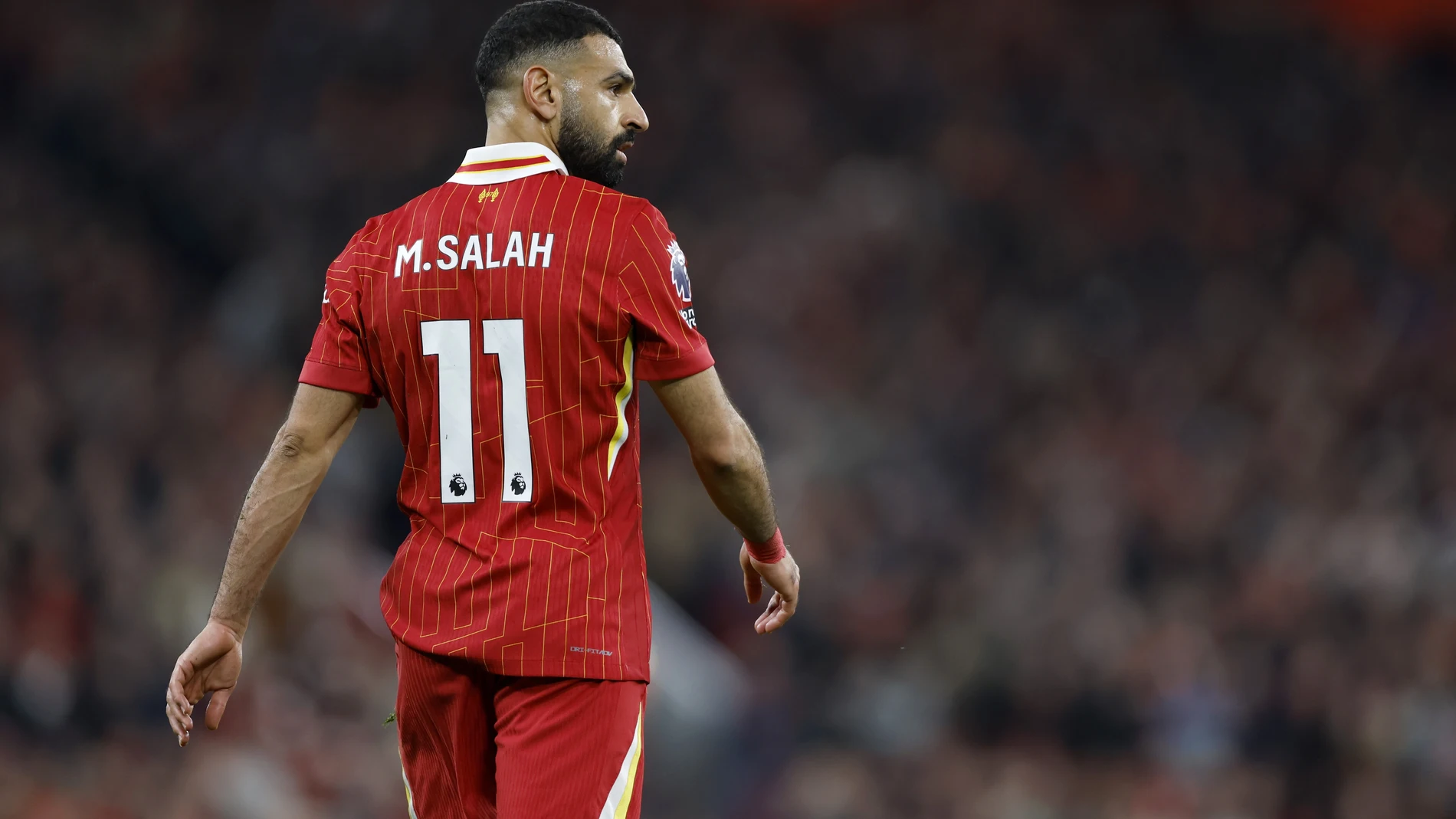 FILED - 25 November 2024, United Kingdom, Liverpool: Liverpool's Mohamed Salah walks on during the English Premier League soccer match between Liverpool and Brighton. Salah has said he is yet to receive a new contract offer from Liverpool and feels "more out than in" as he nears the end of his existing deal. Photo: Nigel French/PA Wire/dpa 25/11/2024 ONLY FOR USE IN SPAIN