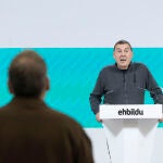 El coordinador general de EH Bildu, Arnaldo Otegi, comparece ante los medios de comunicación durante un receso de la reunión de la Mesa Política de su formación