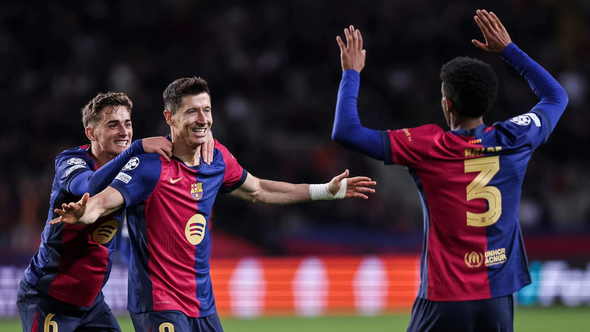 Robert Lewandowski of FC Barcelona celebrates a goal during the UEFA Champions League 2024/25 League Phase MD5, match between FC Barcelona and Stade Brestois 29 at Estadi Olimpic Lluis Companys on November 26, 2024 in Barcelona, Spain. AFP7 26/11/2024 ONLY FOR USE IN SPAIN