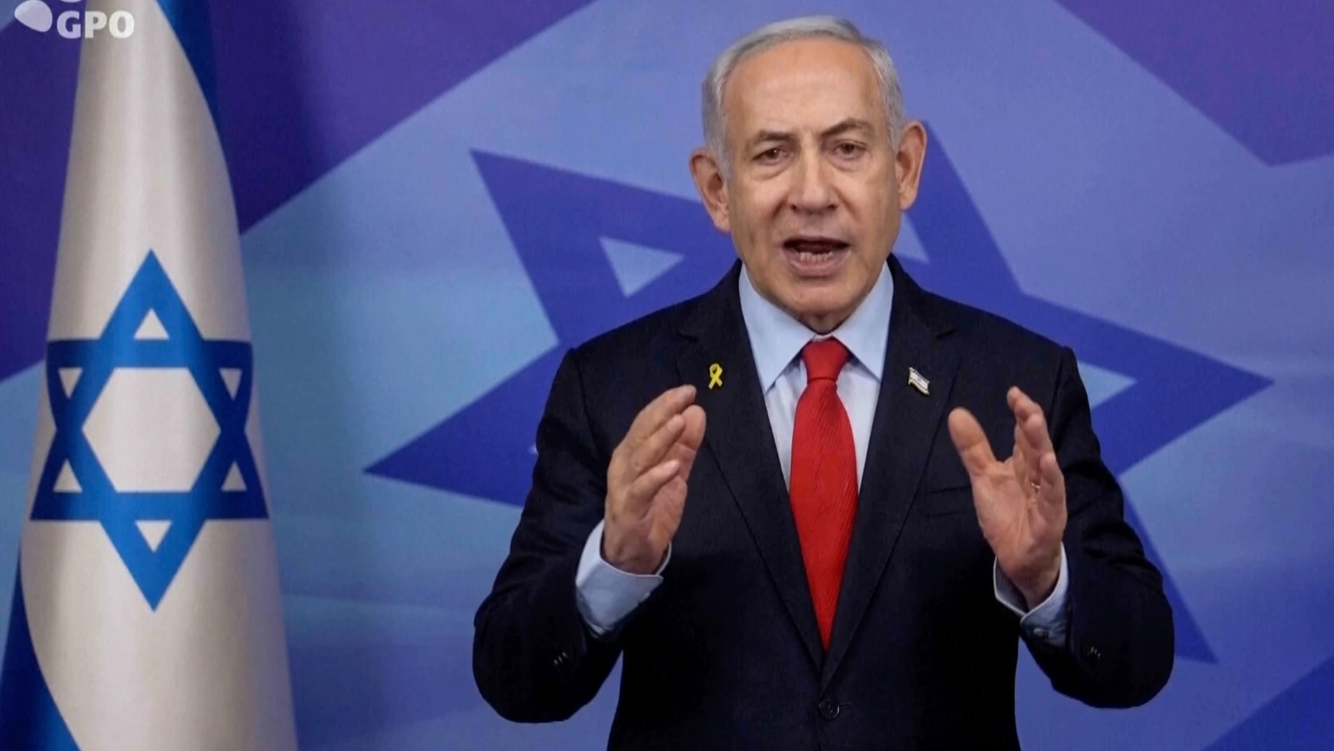 In this screen grab image from video provide by the Israeli Government Press Office, Israeli Prime Minister Benjamin Netanyahu makes a televised statement Tuesday, Nov. 26, 2024, in Jerusalem, Israel. (Israeli Government Press Office via AP)