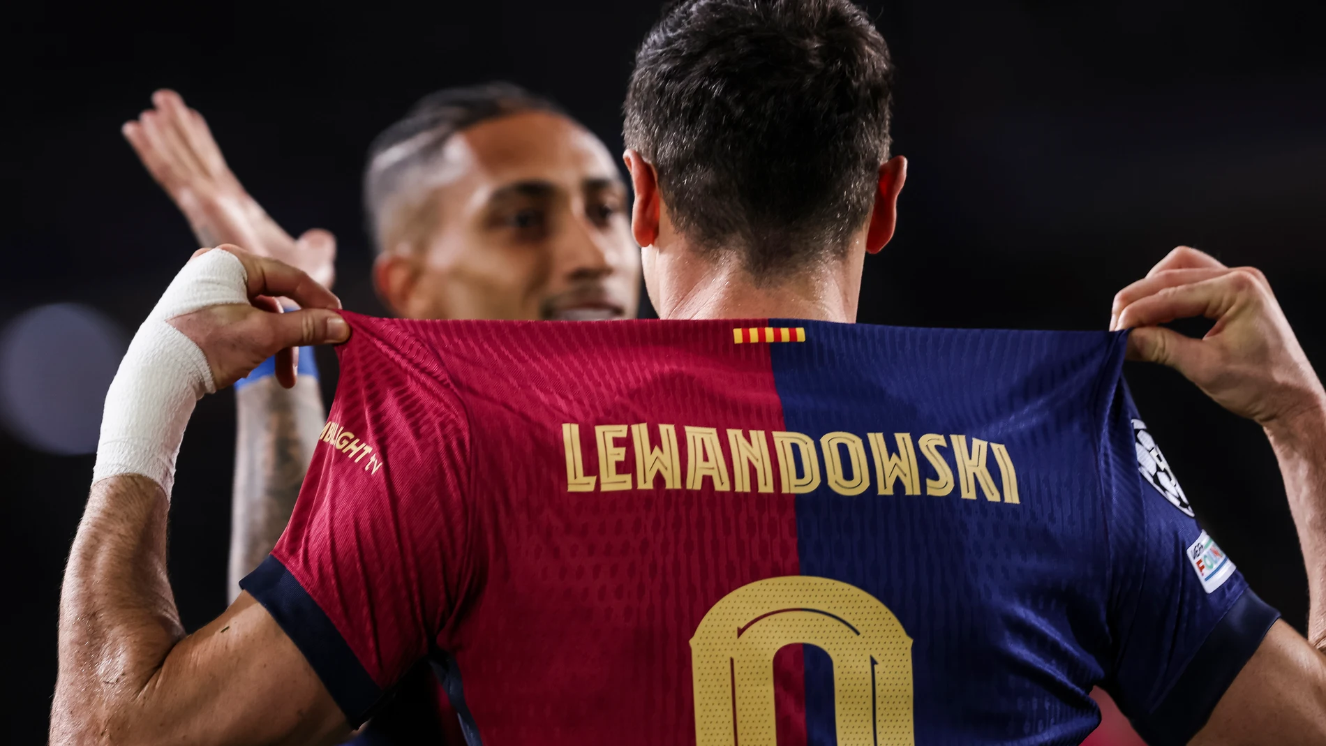 Robert Lewandowski of FC Barcelona celebrates a goal during the UEFA Champions League 2024/25 League Phase MD5, match between FC Barcelona and Stade Brestois 29 at Estadi Olimpic Lluis Companys on November 26, 2024 in Barcelona, Spain. AFP7 26/11/2024 ONLY FOR USE IN SPAIN