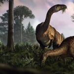Un dúo de sauropodomorfos: uno mordisqueando las plantas recién evolucionadas en un húmedo entorno del Jurásico Temprano, mientras el otro mira hacia arriba como si algo estuviera escondido en la vegetación. Ilustración: Marcin Ambrozik.
