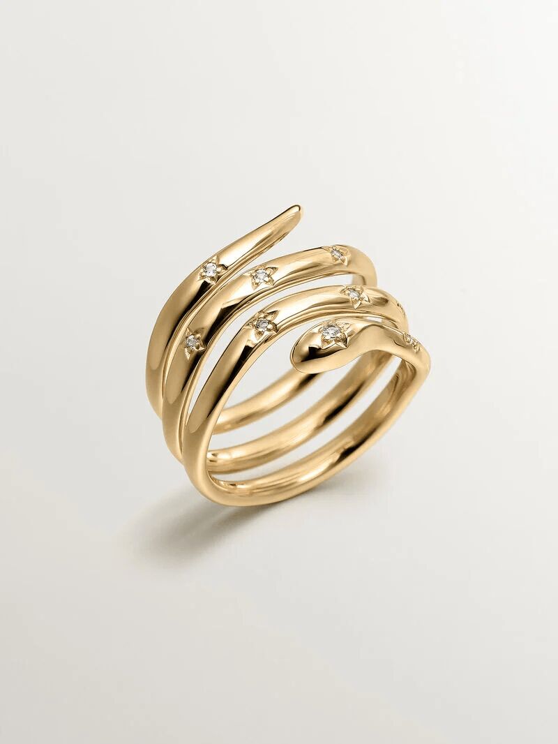 Anillo triple de plata 925 bañada en oro amarillo de 18k con forma de serpiente y topacios blancos