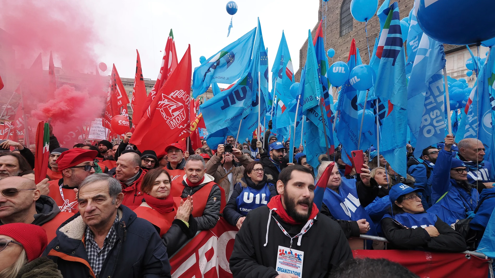 People march in Bologna, Italy, Friday, Nov. 29, 2024 on the occasion of a general strike to protest a decline in spending power, persistently low salaries and government policies they say have weakened public services. (Michele Nucci/LaPresse via AP)