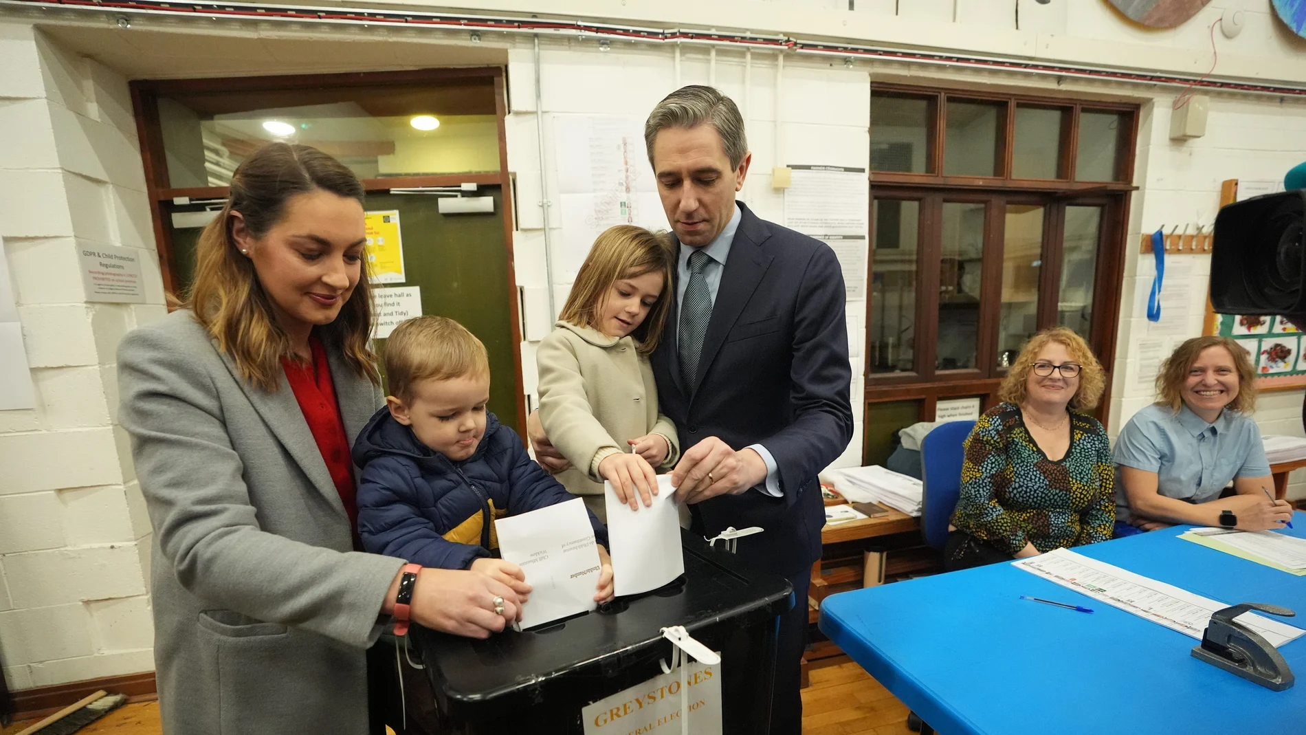 Taoiseach and Fine Gael leader Simon Harris casts his vote at Delgany National School, County Wicklow, as voters go to the polls for the 2024 General Election in Ireland.