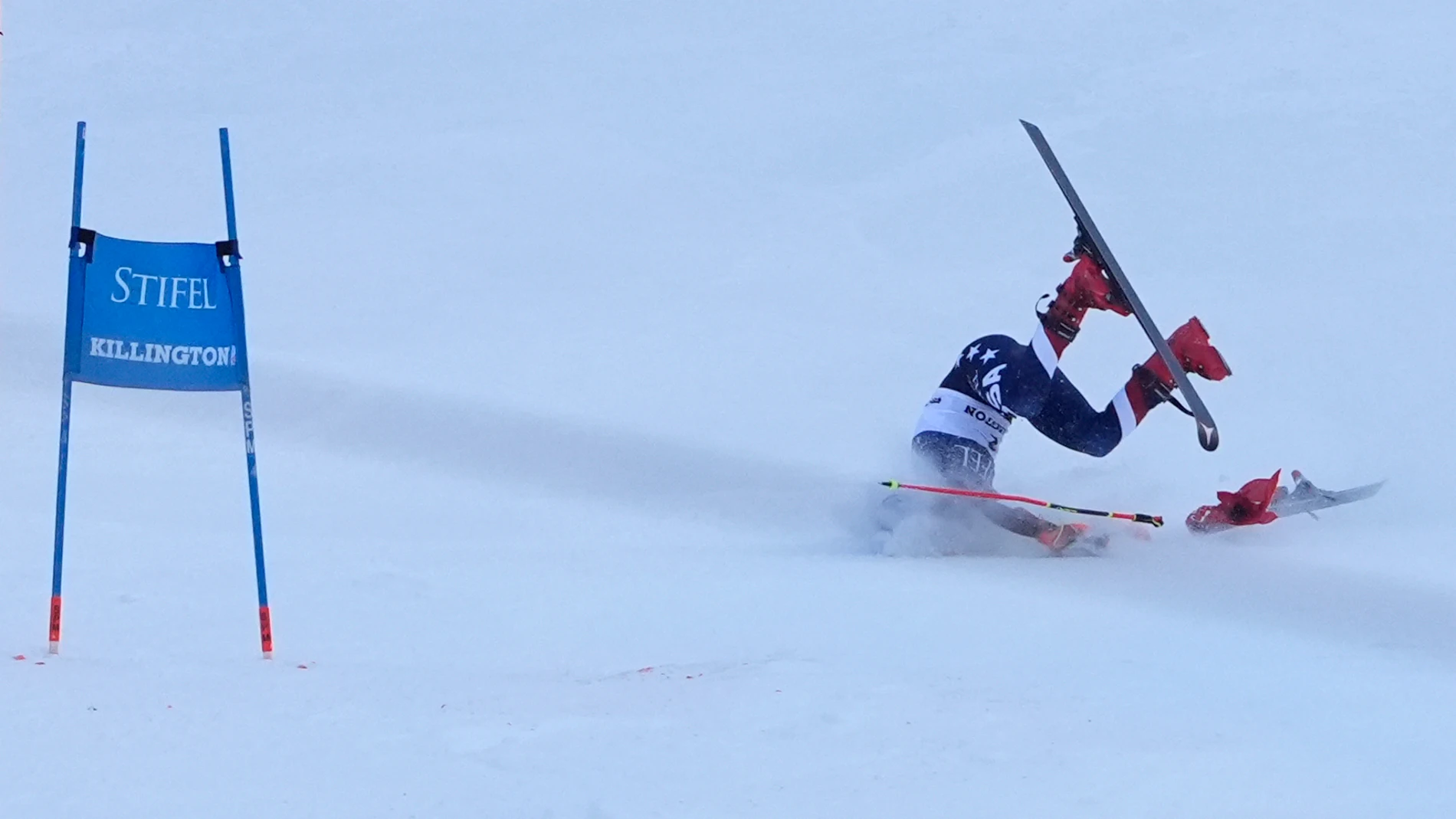 Mikaela Shiffrin, of the United States, crashes during the second run of a women's World Cup giant slalom skiing race, Saturday, Nov. 30, 2024, in Killington, Vt. (AP Photo/Robert F. Bukaty)