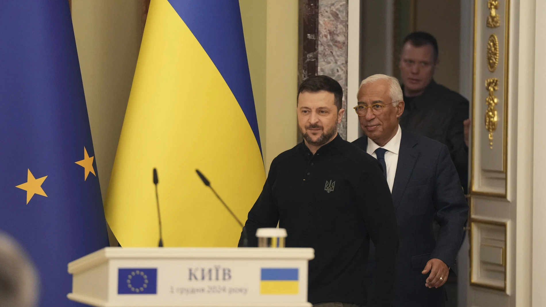 Ukraine's President Volodymyr Zelenskyy and European Council President Antonio Costa arrive for a joint press conference, in Kyiv, Ukraine, Sunday, Dec. 1 2024.