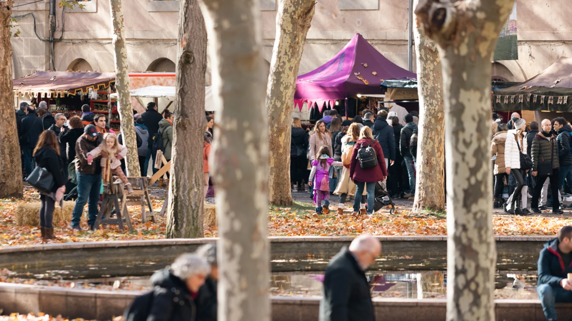 Vista lejana a los puestos del mercadillo medieval de Vic