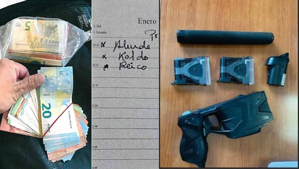 Un papel en que pone con una anotación que dice 'Koldo 17.800' y armas encontradas en la vivienda de uno de los detenidos, Rogelio Pujalte