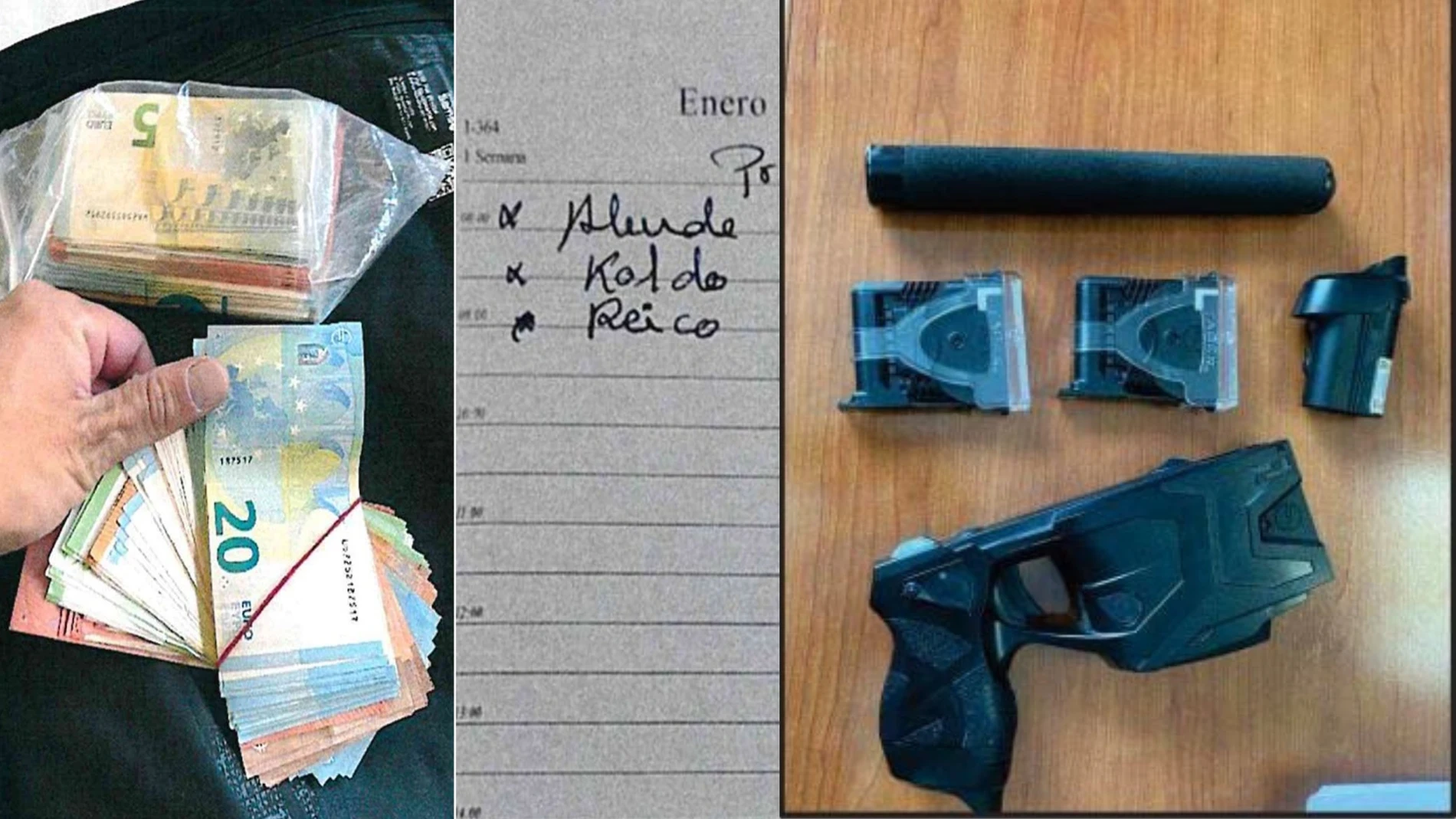 Un papel en que pone con una anotación que dice 'Koldo 17.800' y armas encontradas en la vivienda de uno de los detenidos, Rogelio
