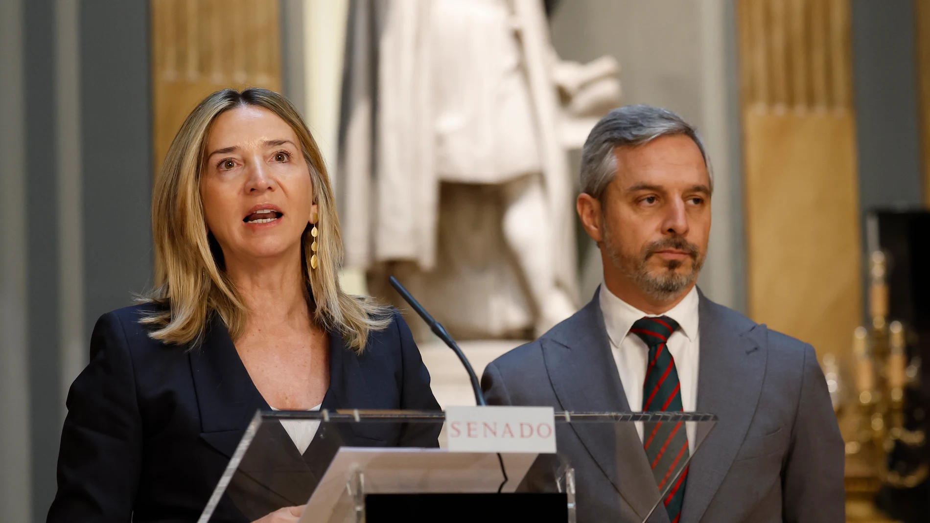 MADRID, 04/12/2024.- La portavoz del PP en el Senado, Alicia García, durante la rueda de prensa que ha ofrecido este miércoles en la cámara Alta, que celebra pleno. Junto a ella, el senador Juan Bravo. EFE/ Mariscal