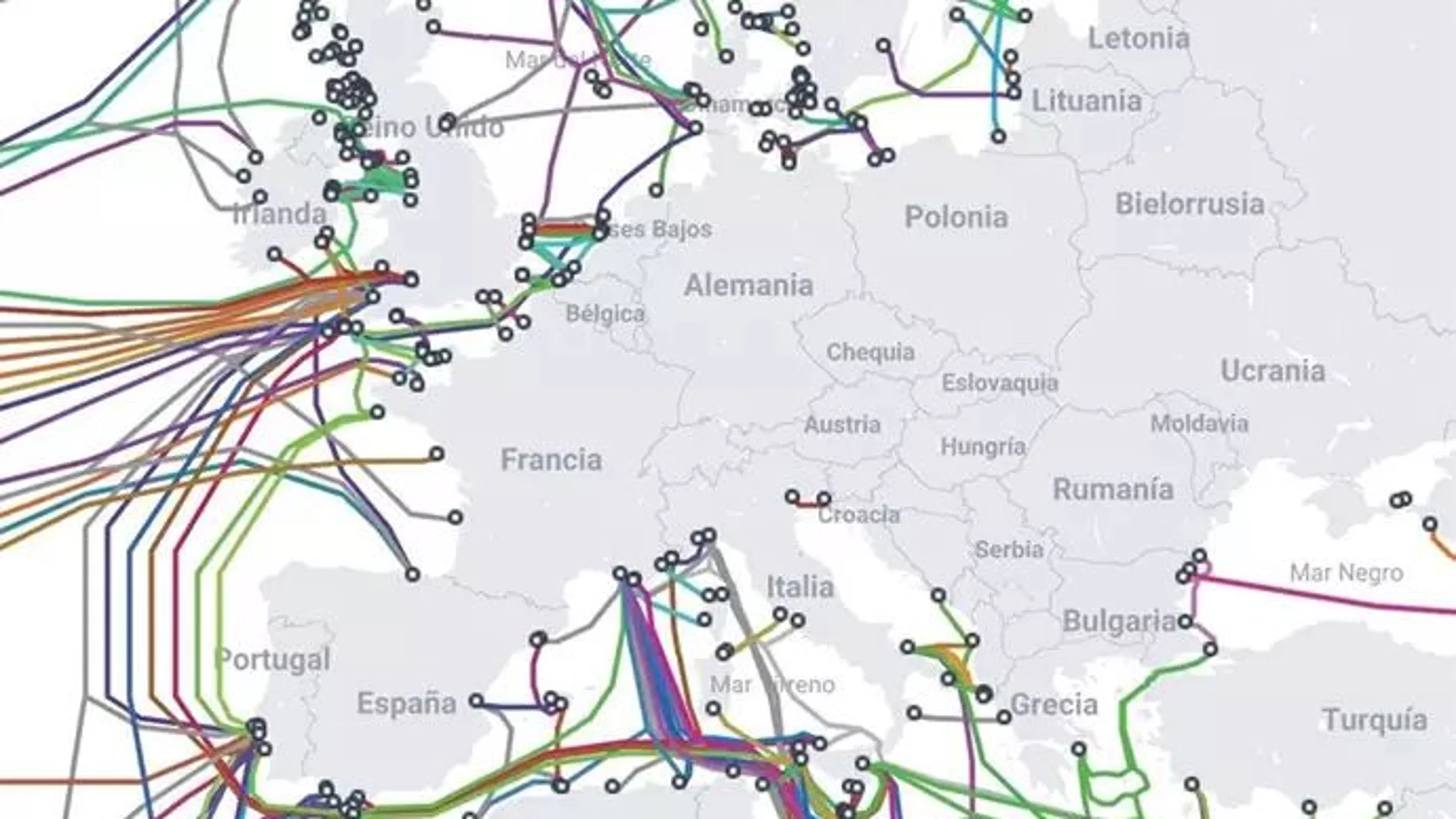 Mapas de conexiones de cables de datos submarinos