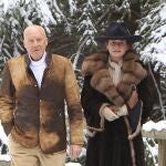 Norman Foster and wife Elena Ochoa walk through the city of Gstaad in Switzerland, Sanday February 2, 2014.