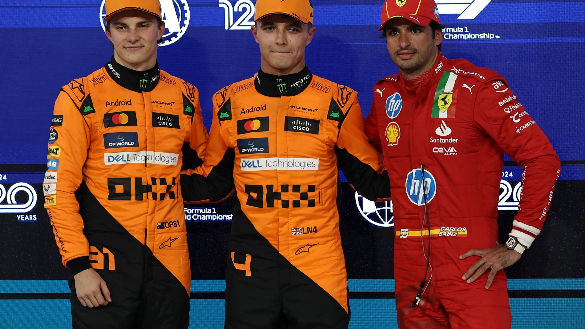 From the left, second-placed McLaren driver Oscar Piastri of Australia, first-placed McLaren driver Lando Norris of Britain, and third Ferrari driver Carlos Sainz of Spain pose after qualifying for the Formula One Abu Dhabi Grand Prix at the Yas Marina Circuit in Abu Dhabi, UAE, Saturday, Dec. 7, 2024. (AP Photo/Hamad I Mohammed, Pool)