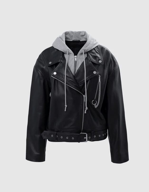 Cazadora biker de espiga de cuero negra tachuelas