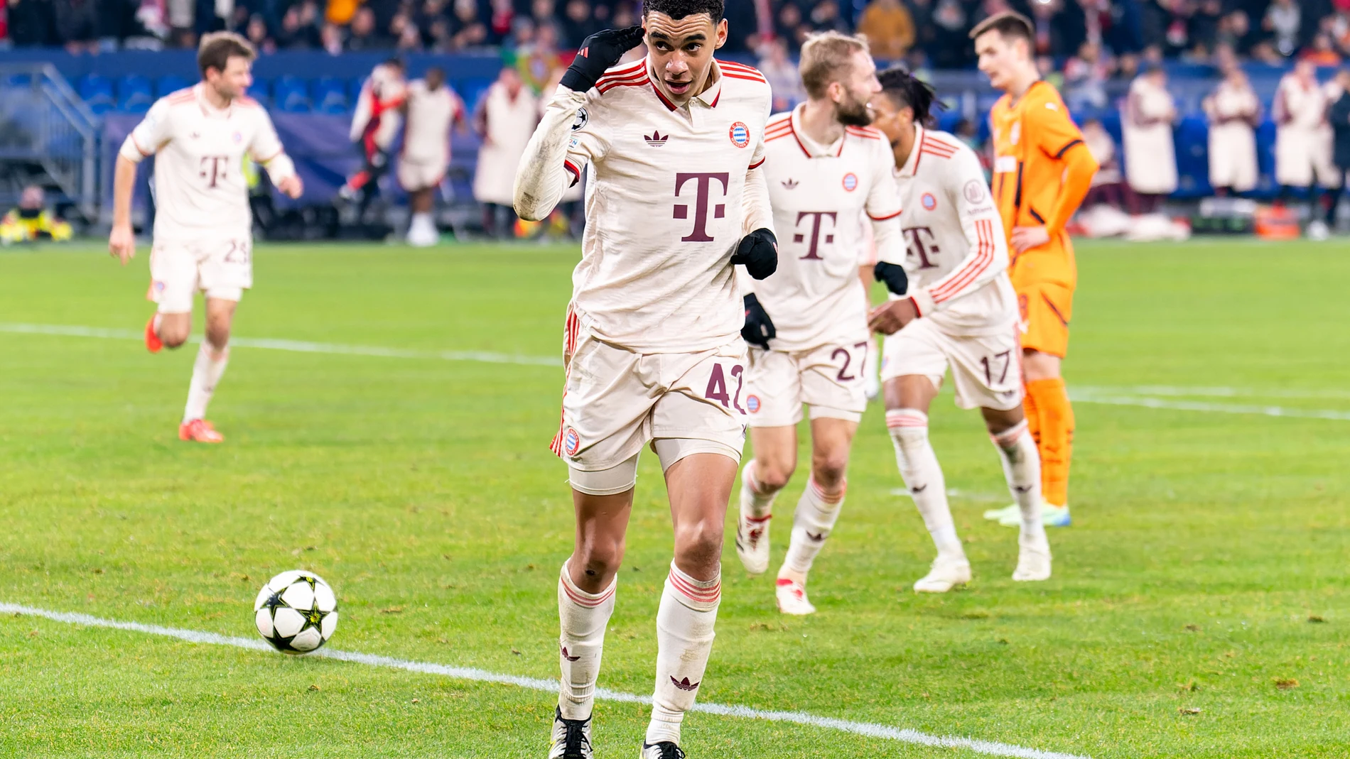 Jamal Musiala of Bayern Munich celebrates his goal 1-4 during the UEFA Champions League, League phase, Matchday 6 football match between Shakhtar Donetsk and Bayern Munich on December 10, 2024 at Arena AufSchalke in Gelsenkirchen, Germany - Photo Joris Verwijst / Orange Pictures / DPPI AFP7 10/12/2024 ONLY FOR USE IN SPAIN