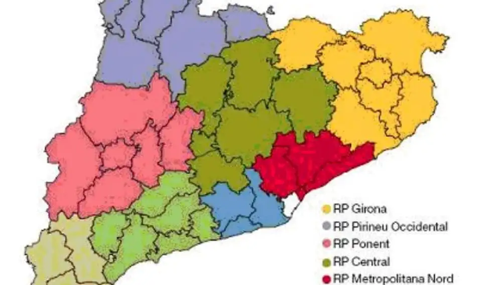 Mapa de Cataluña donde se reflejan las diferentes áreas de trabajo de los Mossos d'Esquadra