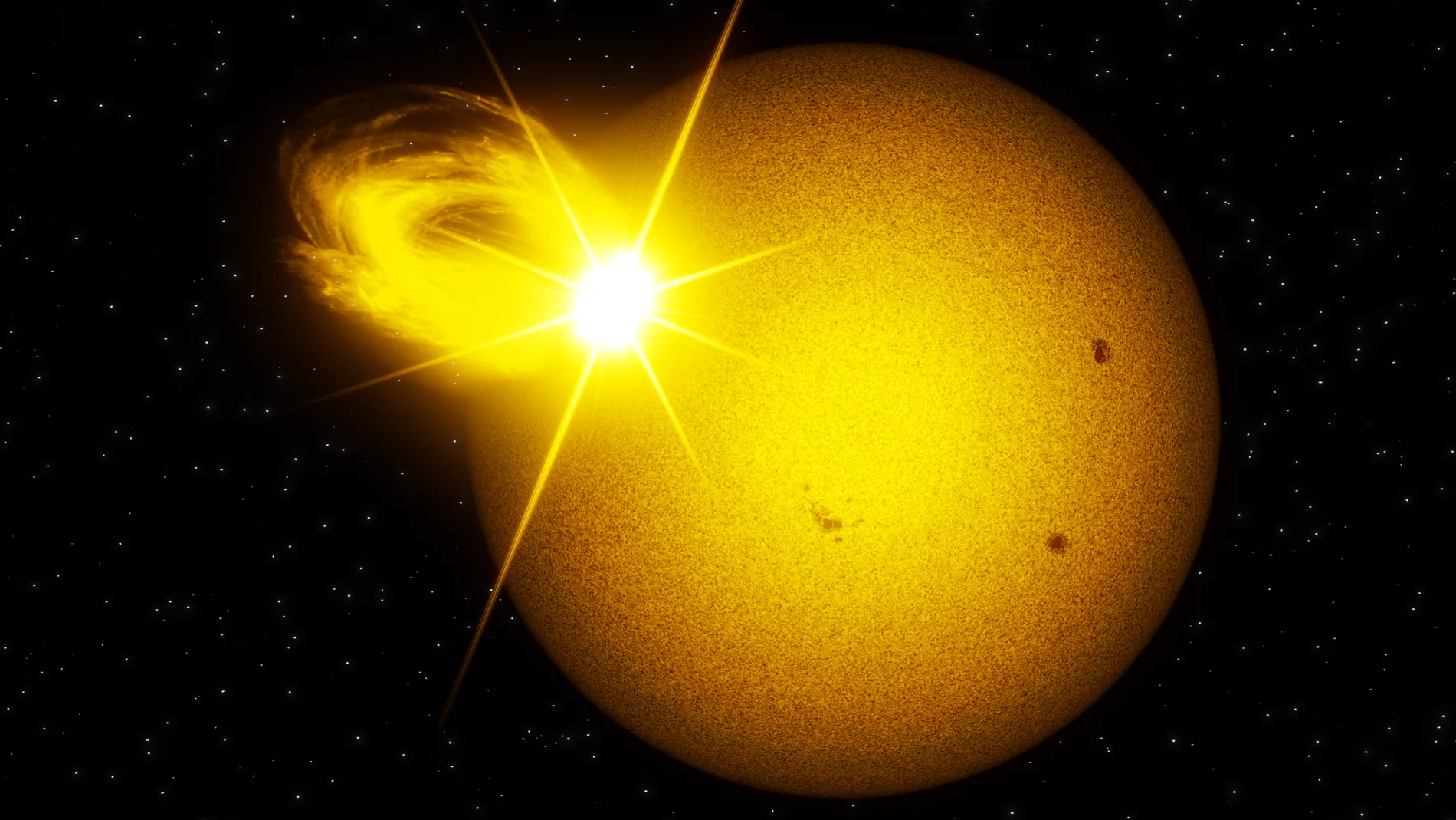 Impresión artística de una estrella similar al Sol que muestra una superfulguración vista en luz visible.