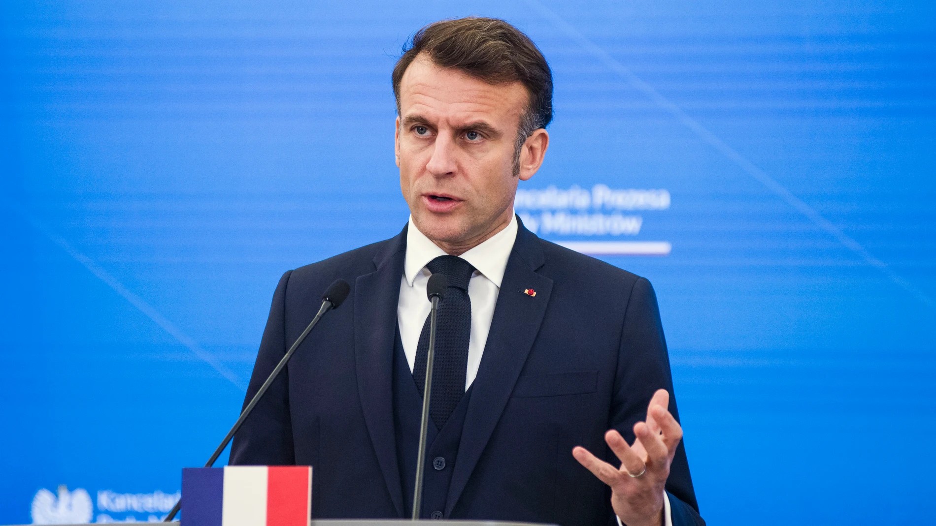 December 12, 2024, Warsaw, Masovian Voivodeship, Poland: President of France, Emmanuel Macron speaks at a press conference with Prime Minister Donald Tusk (not in view). The President of France, Emmanuel Macron visited Warsaw and met with Donald Tusk - Poland's PM. The two politicians talked about the security and safety of Europe, discussed the issues regarding the Russian aggression against Ukraine and how to support it , as well as economic cooperation between Poland and France. The talks ...