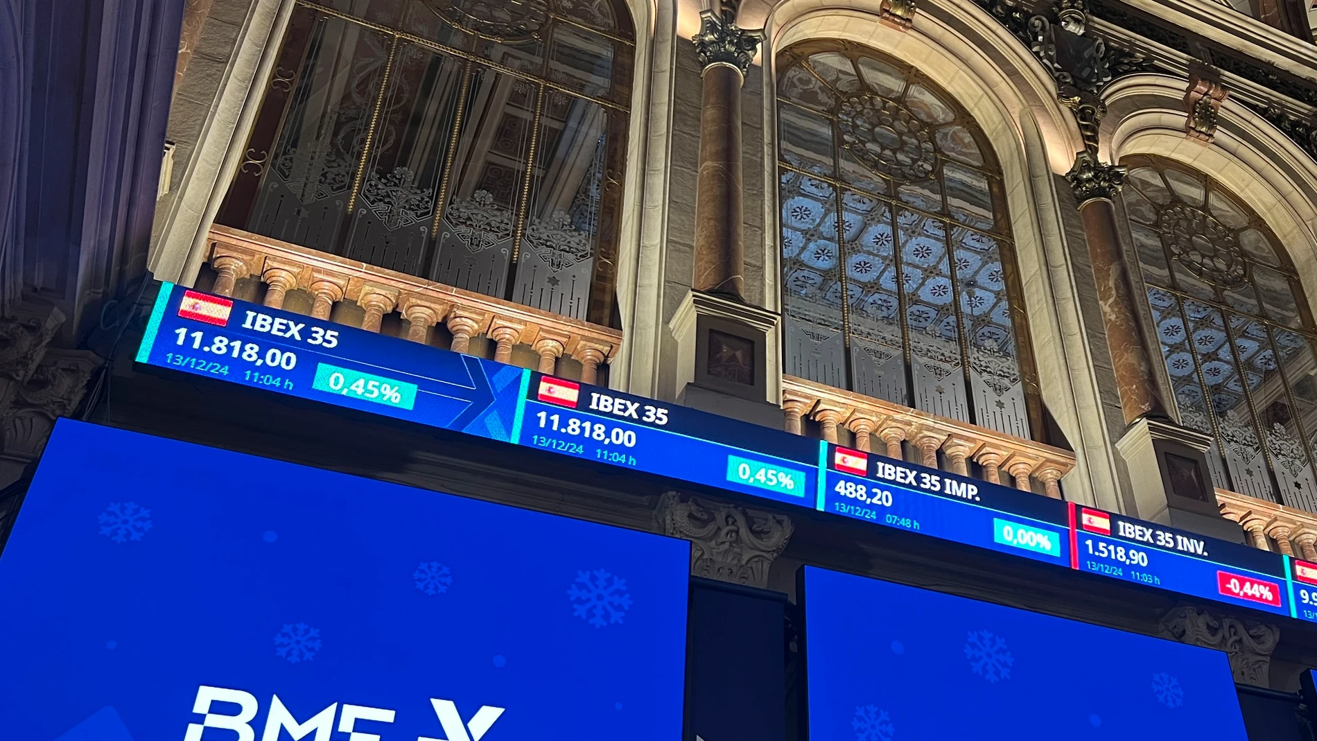 Madrid, 13 dic (EFE).- La Bolsa española ha abierto este viernes con una leve subida del 0,10 %, con la que podría romper una racha de cinco jornadas en rojo, pese a la tendencia negativa de Wall Street y China, donde la conferencia anual del trabajo no ha dejado novedades significativas sobre estímulos económicos. En la apertura, el IBEX 35, el principal selectivo español, suma ese leve 0,10 %, hasta los 11.781,5 puntos. Las ganancias acumuladas en el año se elevan al 16,57 %. EFE/Altea Tejido