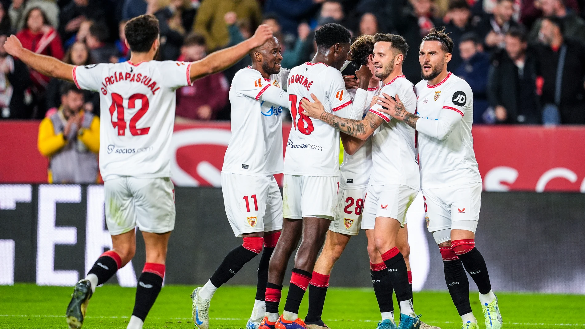Manu Bueno of Sevilla FC celebrates a goal during the Spanish league, LaLiga EA Sports, football match played between Sevilla FC and RC Celta de Vigo at Ramon Sanchez-Pizjuan stadium on December 14, 2024, in Sevilla, Spain. AFP7 14/12/2024 ONLY FOR USE IN SPAIN