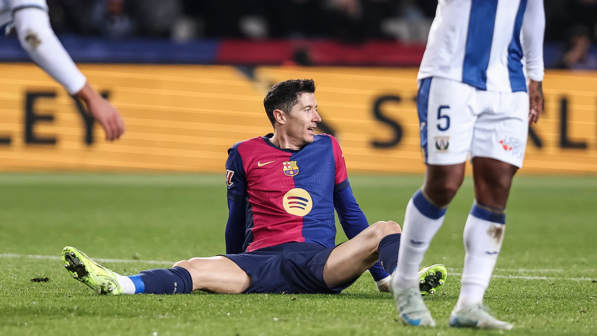 Robert Lewandowski of FC Barcelona gestures during the Spanish league, La Liga EA Sports, football match played between FC Barcelona and CD Leganes at Estadio Olimpico de Montjuic on December 15, 2024 in Barcelona, Spain. AFP7 15/12/2024 ONLY FOR USE IN SPAIN