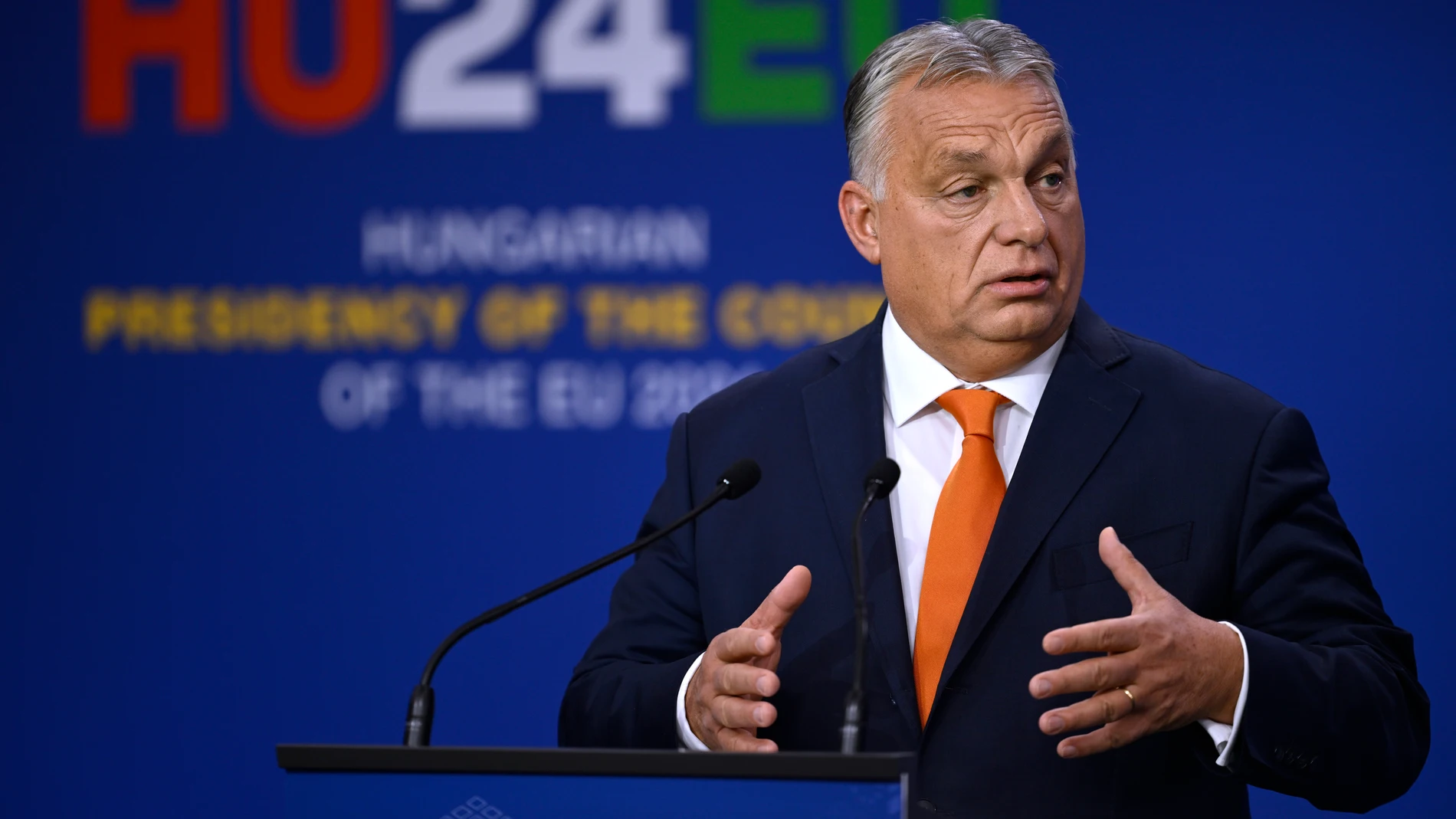 FILE - Hungary's Prime Minister Viktor Orban addresses a media conference at the end of an EU Summit at the Puskas Arena in Budapest, Nov. 8, 2024. (AP Photo/Denes Erdos, File)