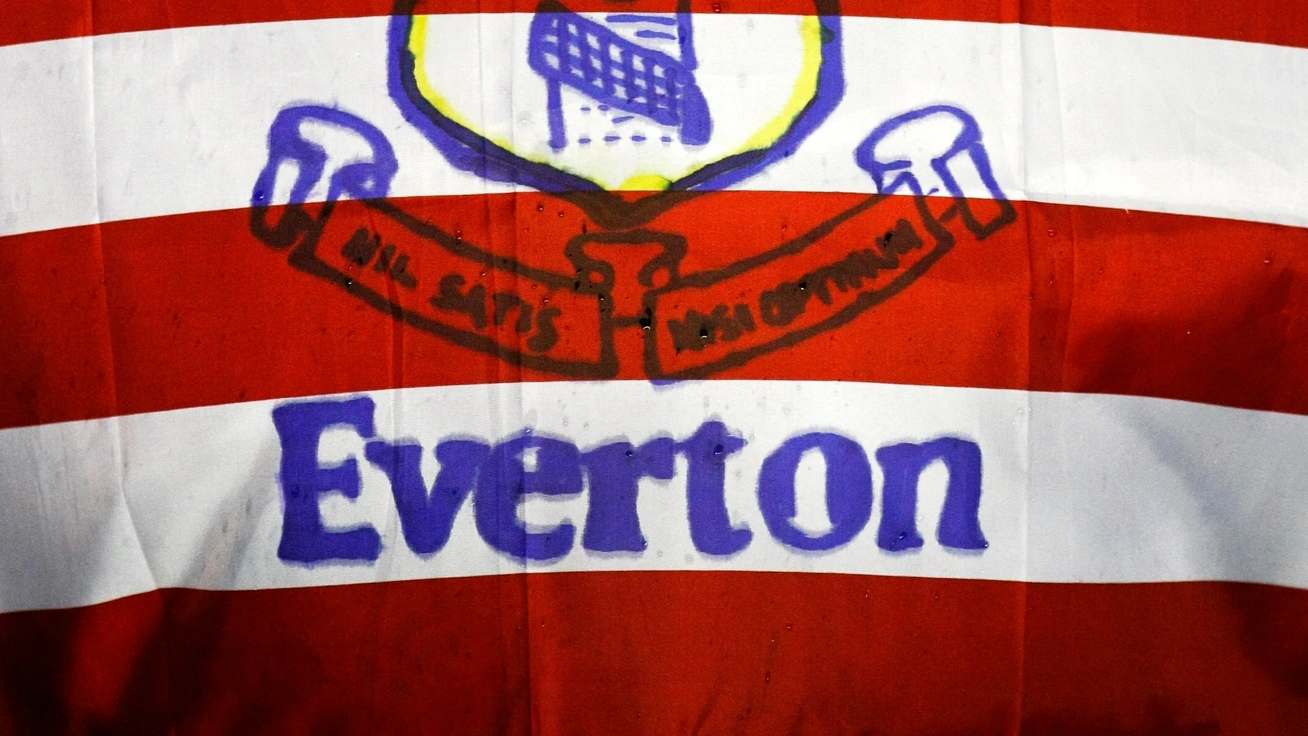 FILE - Fans hold a flag before the English Premier League soccer match between Everton and Bolton at Goodison Park, Liverpool, England, Wednesday Jan. 4, 2012. (AP Photo/Tim Hales, File)