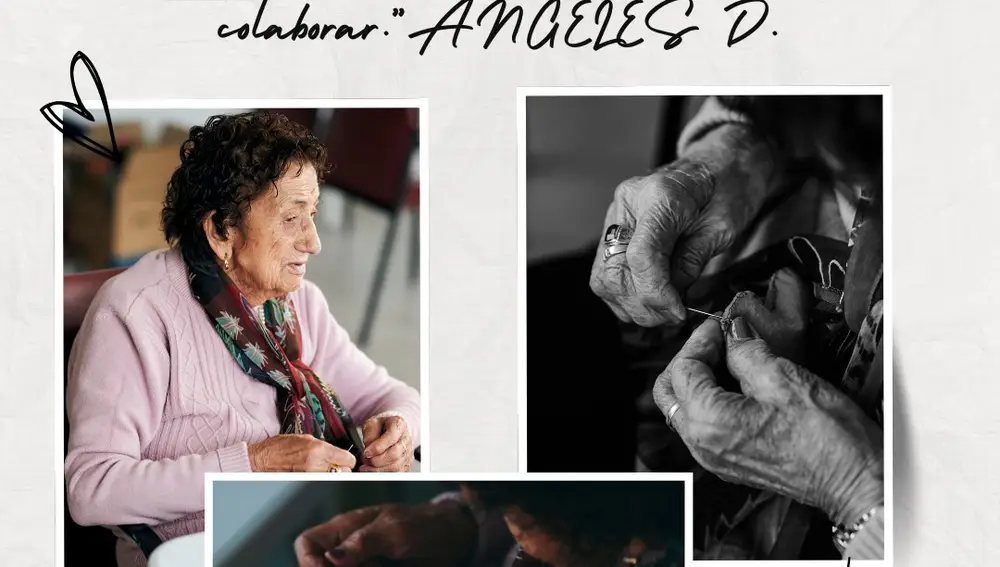 Ángeles tejiendo en el taller