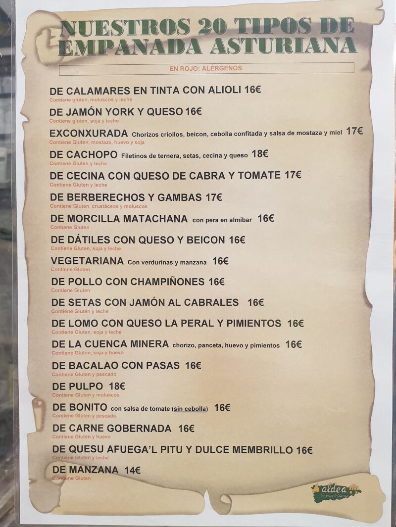 Carta de empanadas Aldea.