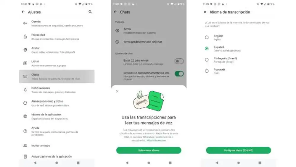 Activación de la transcripción de notas de voz en WhatsApp.