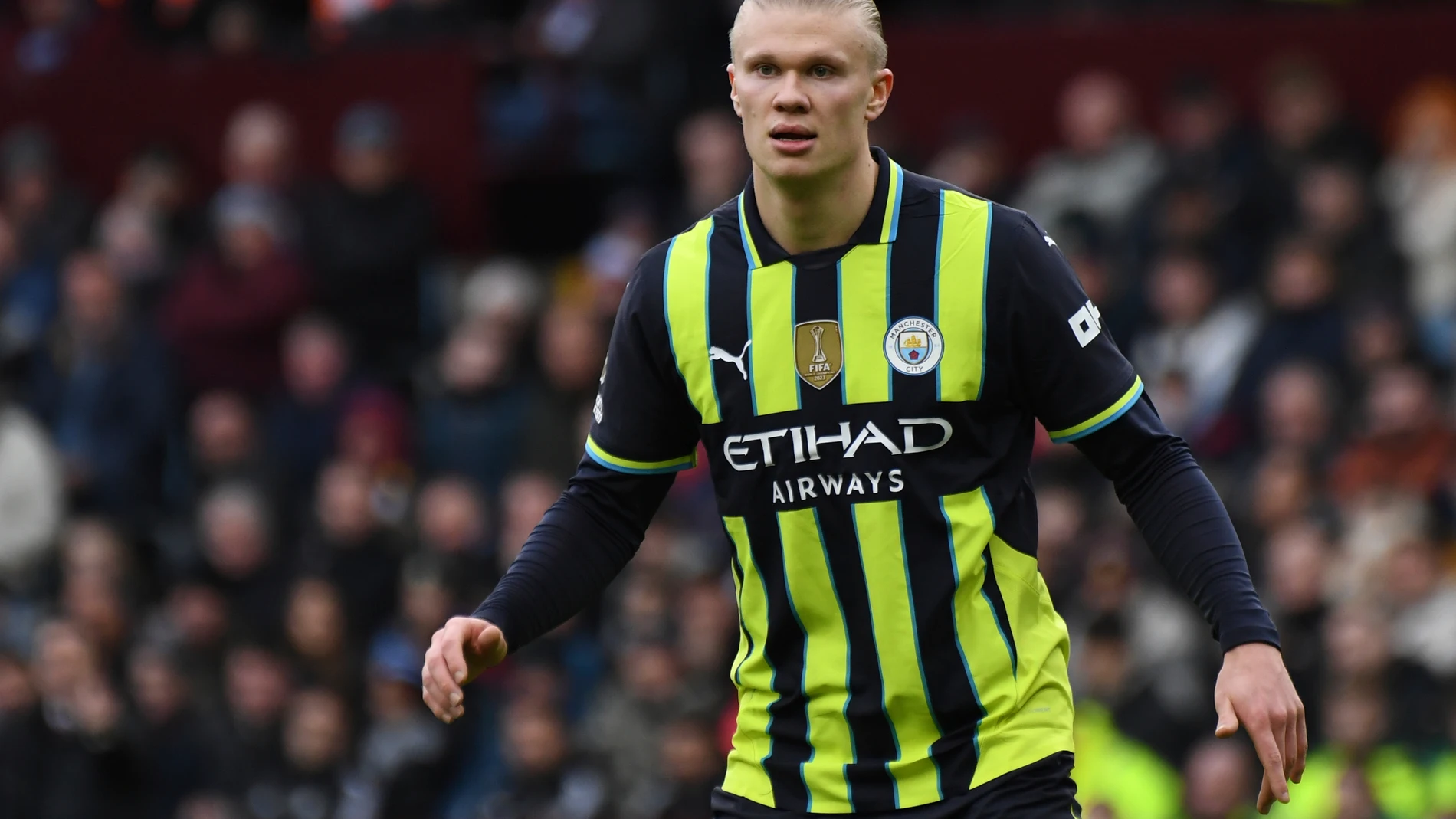 Manchester City's Erling Haaland looks on during the English Premier League soccer match between Aston Villa and Manchester City, at Villa Park in Birmingham, England, Saturday, Dec. 21, 2024. (AP Photo/Rui Vieira)