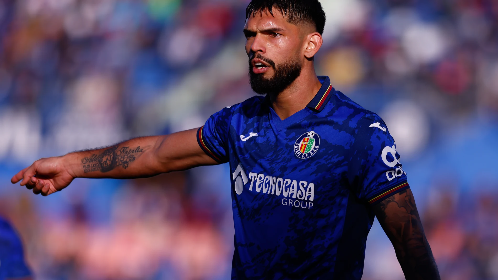 Omar Alderete of Getafe CF protests during the Spanish League, LaLiga EA Sports, football match played between Getafe CF and RCD Mallorca at Coliseum de Getafe stadium on December 21, 2024, in Getafe, Spain. AFP7 21/12/2024 ONLY FOR USE IN SPAIN
